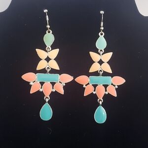 Cute Chic Multicolor Enamel Boho Floral Dangly Earrings 3" Long